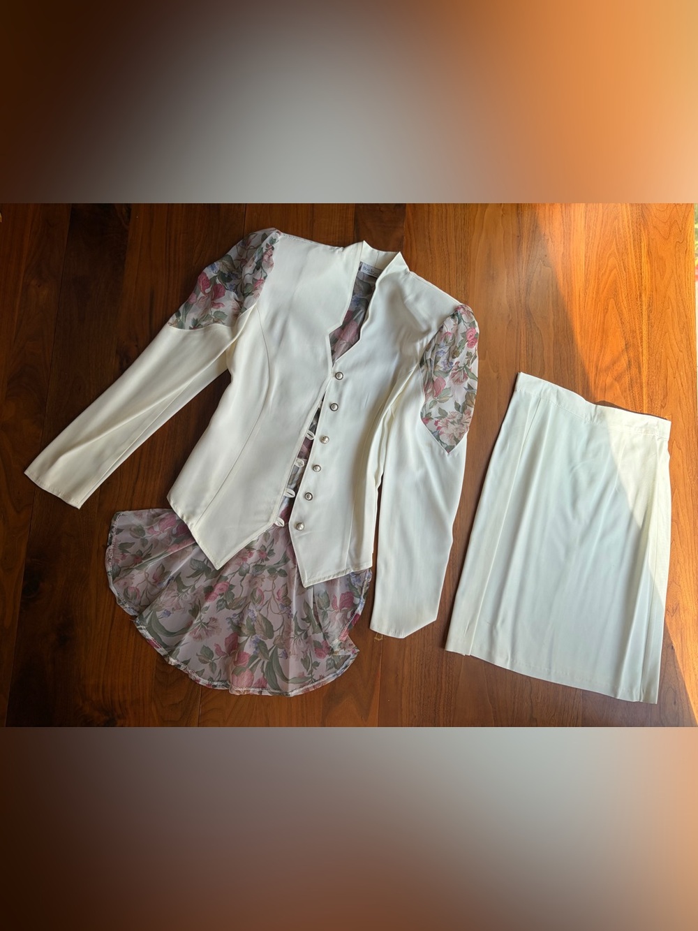 Vintage 80s Blondie and Me Ivory Floral Chiffon 2 Pc Skirt Suit Set Size S